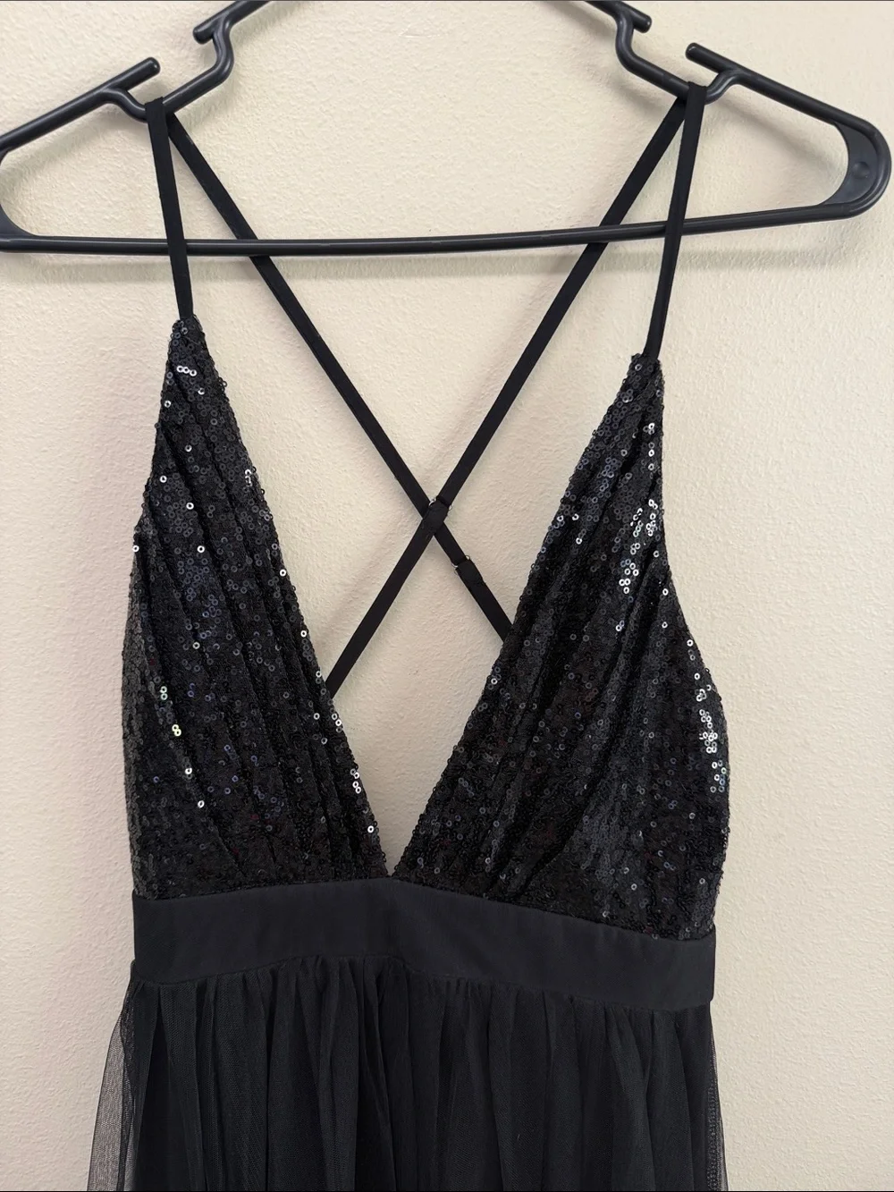 Luxxel Black Sequin V-Neck Mesh Maxi Slip Dress SzS